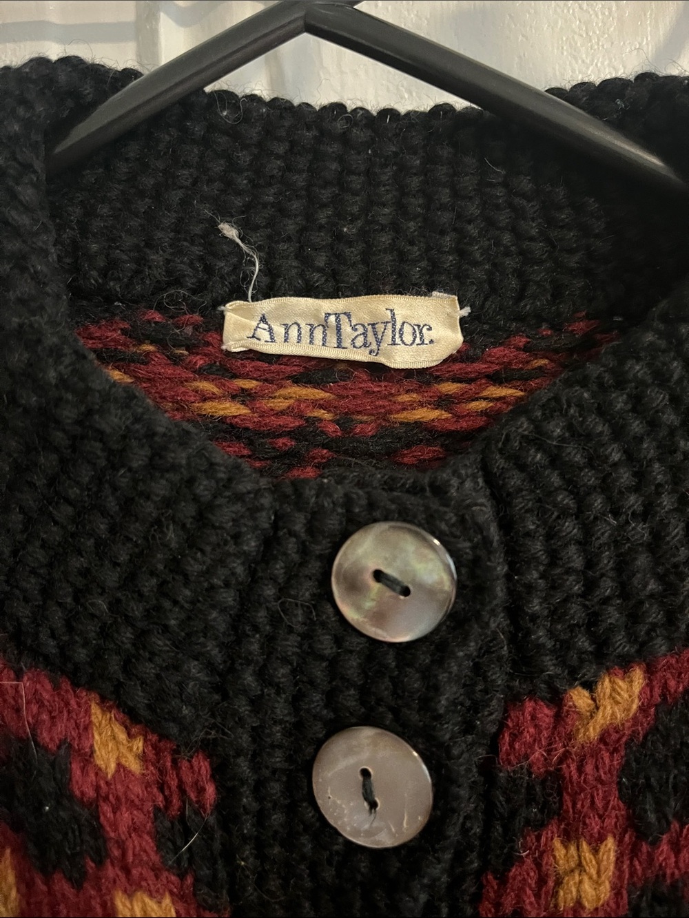 Vintage Ann Taylor Black Fair Isle Button-Up Cardigan with Burgundy Accents - Picture 2 of 5